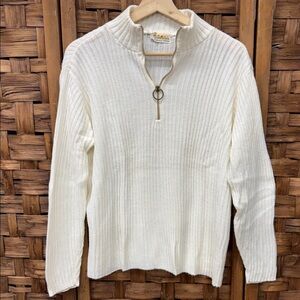 Vintage Women Wool White Ribbed Half-Zip Sweater